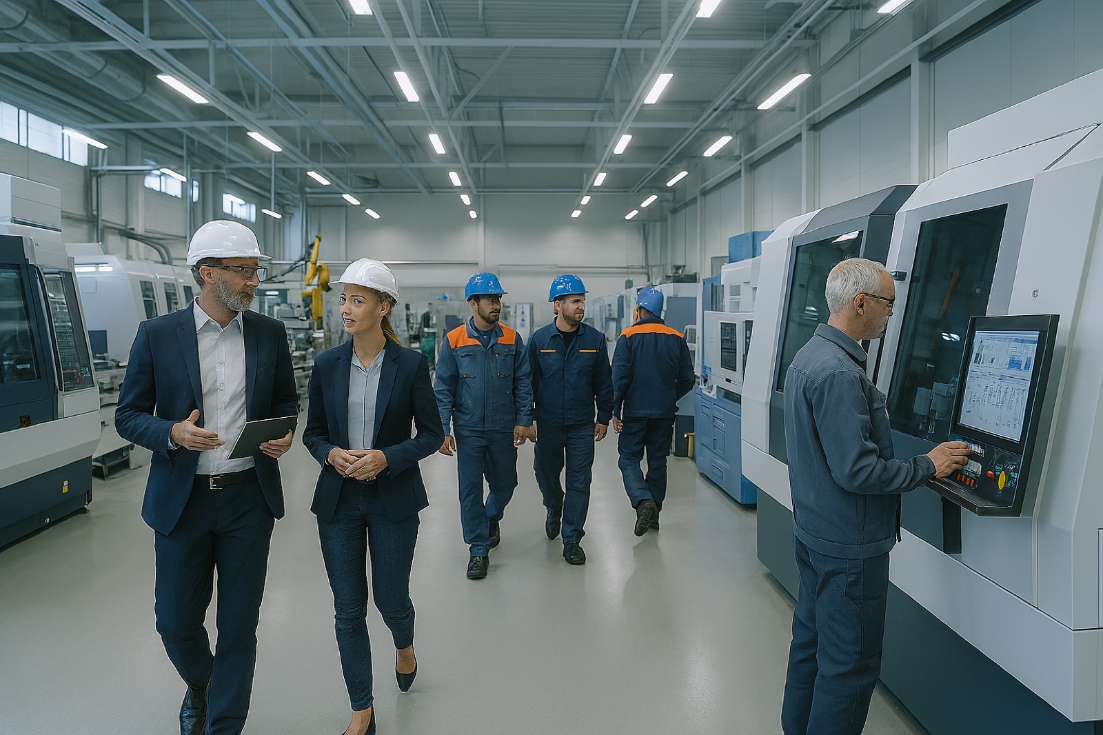 Produktionshalle mit Maschinen, Ingenieuren und Werksführung